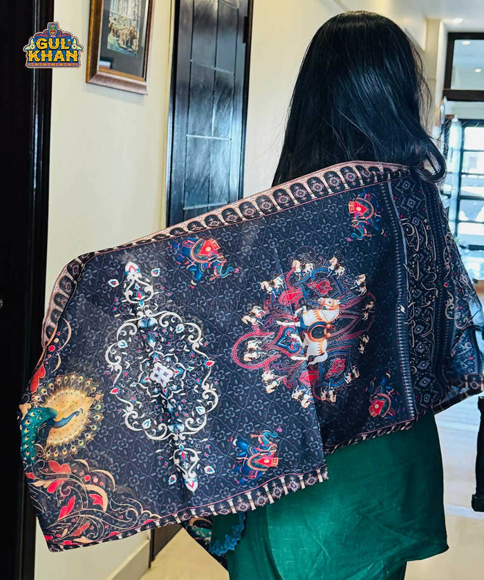 Gul Khan Blue & red Floral Printed Stole