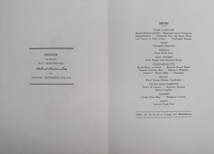 Holland-America Line. Dinner on Board M.V. "Westerdam"