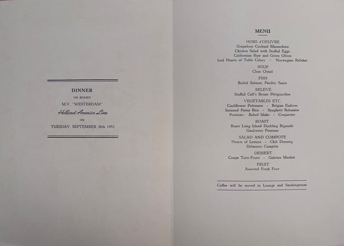 Holland-America Line. Dinner on Board M.V. "Westerdam"