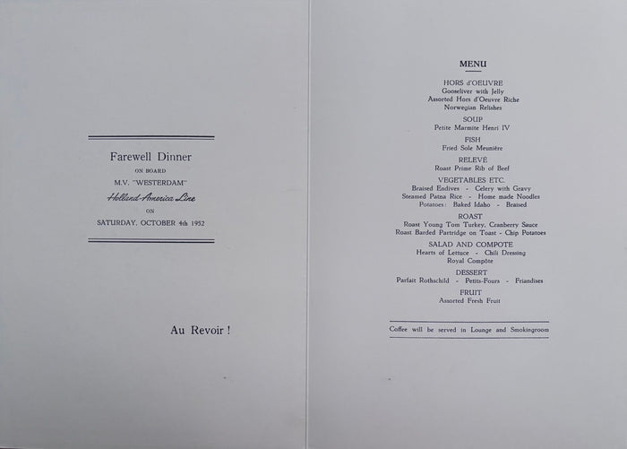 Holland-America Line. Farewell Dinner on Board M.V. "Westerdam"