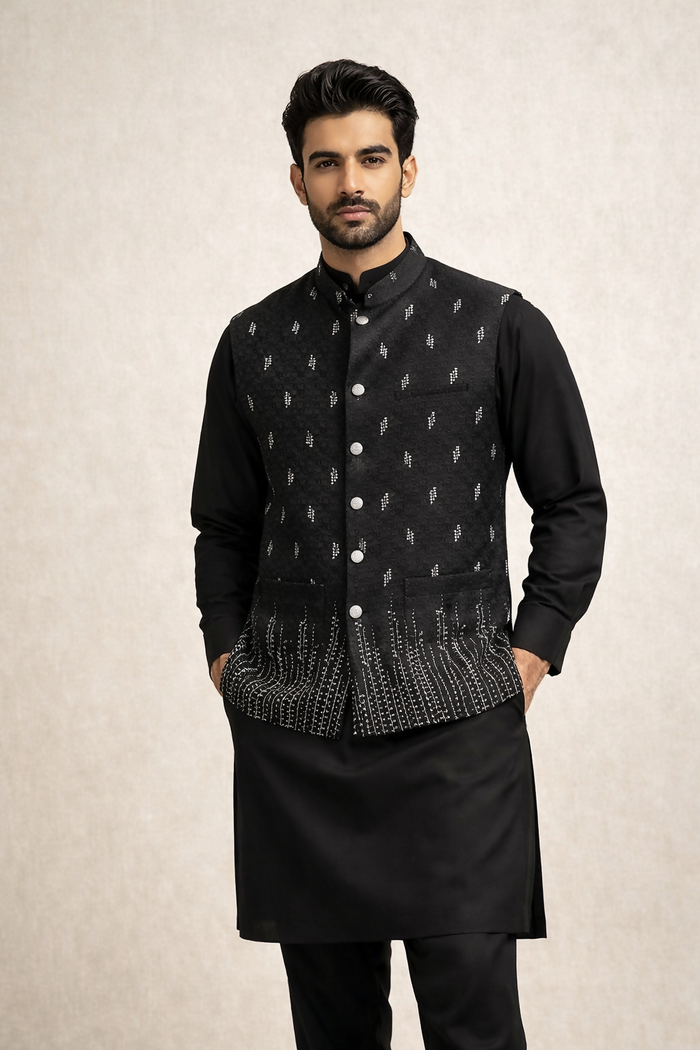 J Pardesi - Black Sliver Embroided Waistcoat