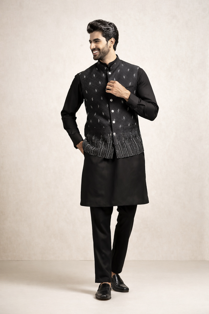 J Pardesi - Black Sliver Embroided Waistcoat