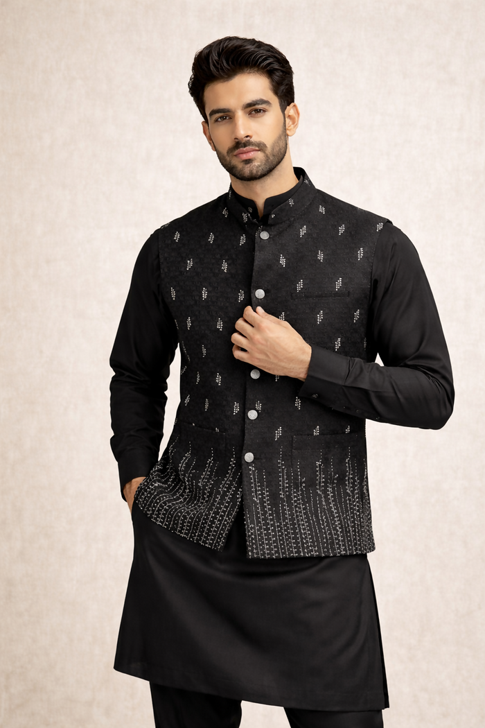 J Pardesi - Black Sliver Embroided Waistcoat