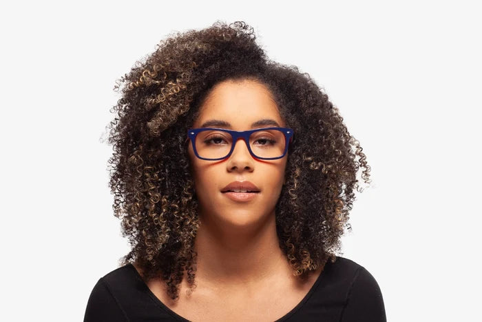 Blue and Red Jack eyeglasses by Chemistrie worn by female model, front view
