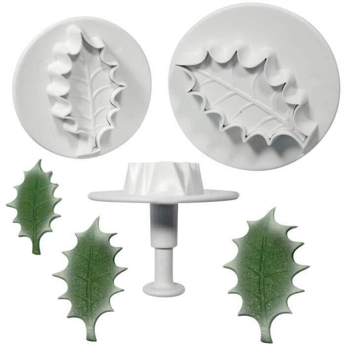 Jeu de 3 découpoirs + poussoirs feuille de houx - Tailles différentes - Ø 20, 29 et 35mm