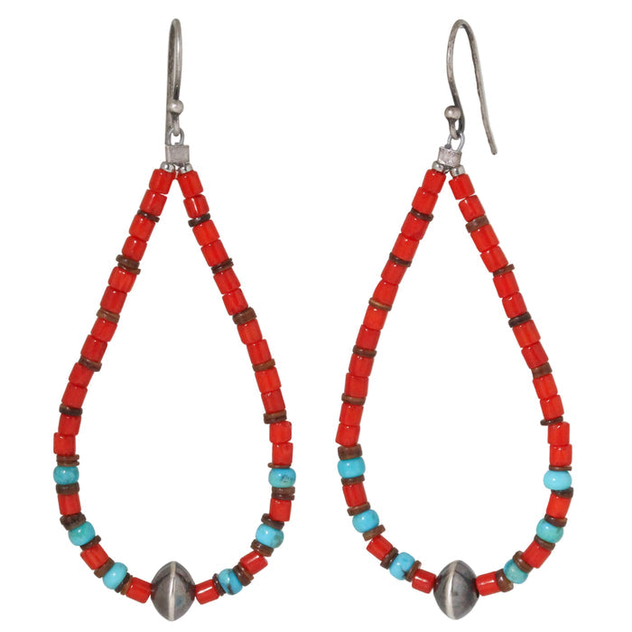 Large Coral Bead + Turquoise Earrings