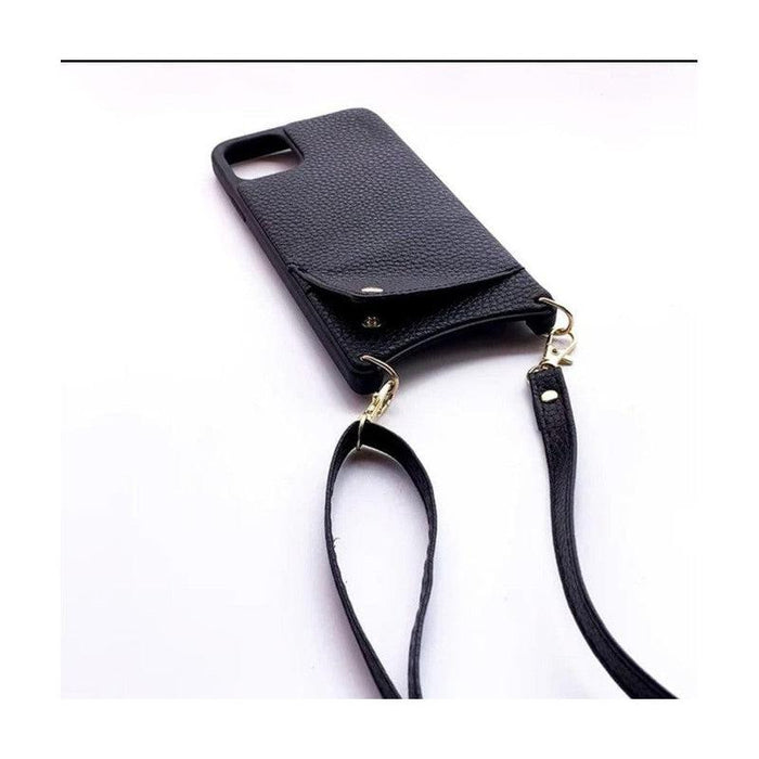 Leather Back Phone Case with Strap for iPhone 11 Pro - Black