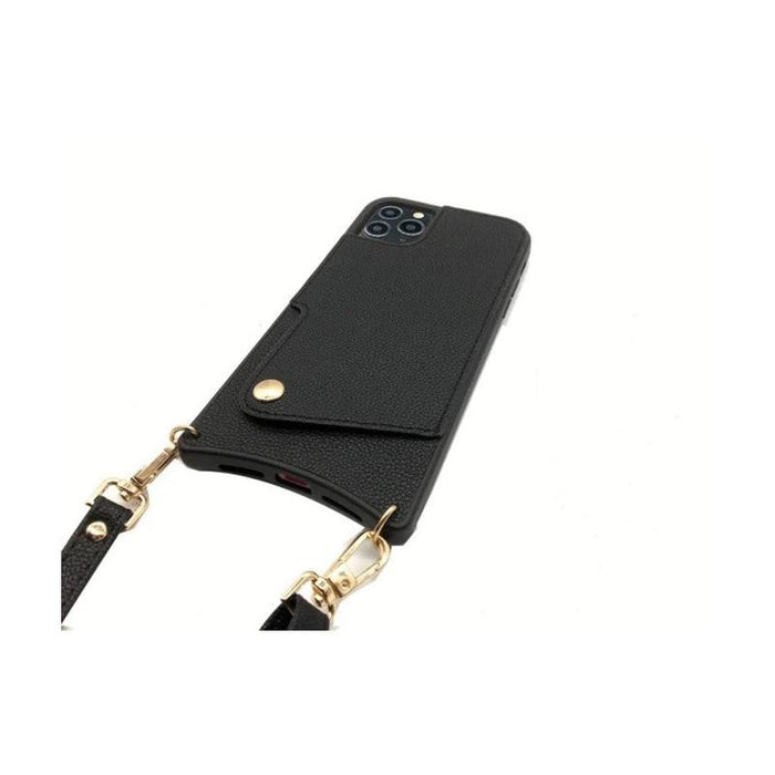 Leather Back Phone Case with Strap for iPhone 14 Pro Max - Black