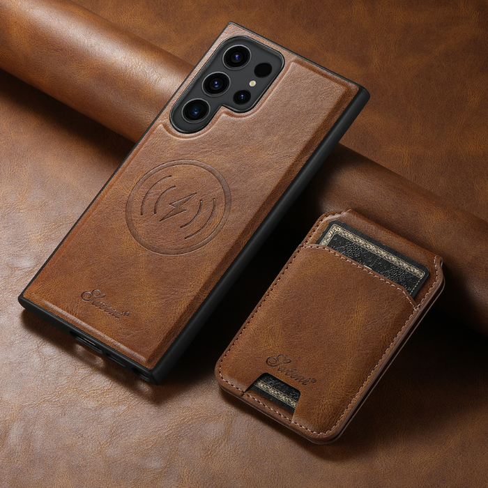 Magnetic Card Slots PU Leather Case for Samsung Galaxy S22 Ultra - Brown