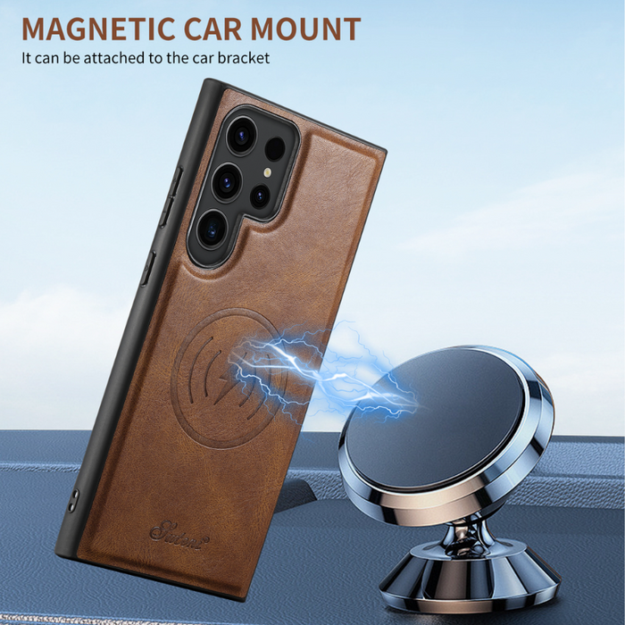Magnetic Card Slots PU Leather Case for Samsung Galaxy S22 Ultra - Brown