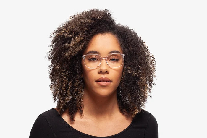 Crystal Margot eyeglasses by Chemistrie worn by female model, front view