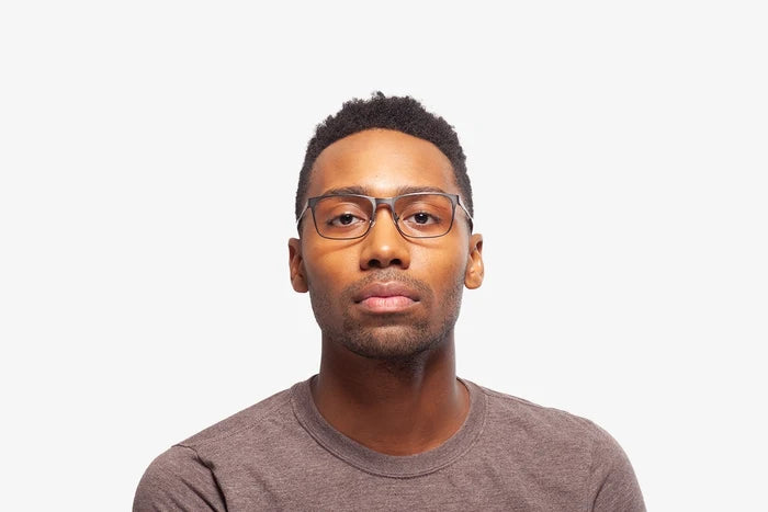 Gunmetal Mark eyeglasses by Chemistrie worn by male model, front view