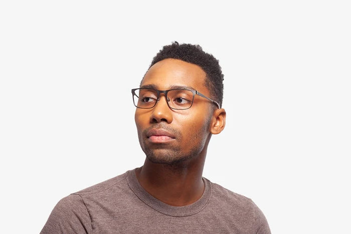Gunmetal Mark eyeglasses by Chemistrie worn by male model, front view