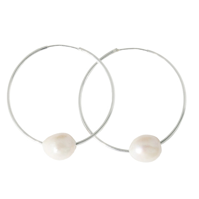Mia White Pearl Silver Hoop Earrings