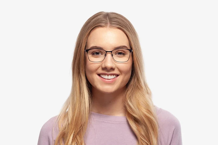 Black Morgan eyeglasses by Chemistrie worn by female model, front view
