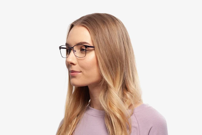 Black Morgan eyeglasses by Chemistrie worn by female model, side view