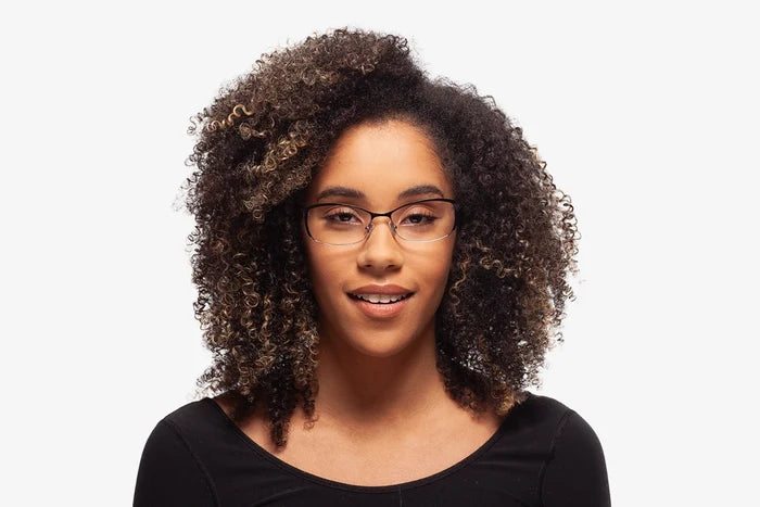Black Burgundy Natalie eyeglasses by Chemistrie worn by female model, front view