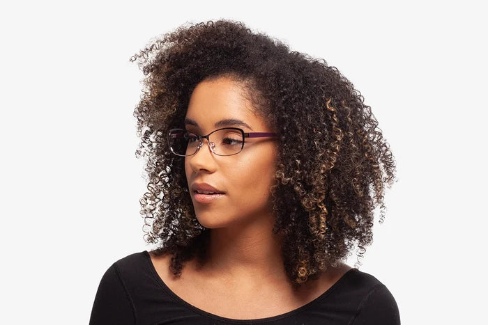 Black Burgundy Natalie eyeglasses by Chemistrie worn by female model, side view