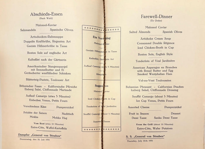 (*NEW ARRIVAL*) Nord Deutscher Lloyd Bremen. Abschieds-Essen - Farewell-Dinner