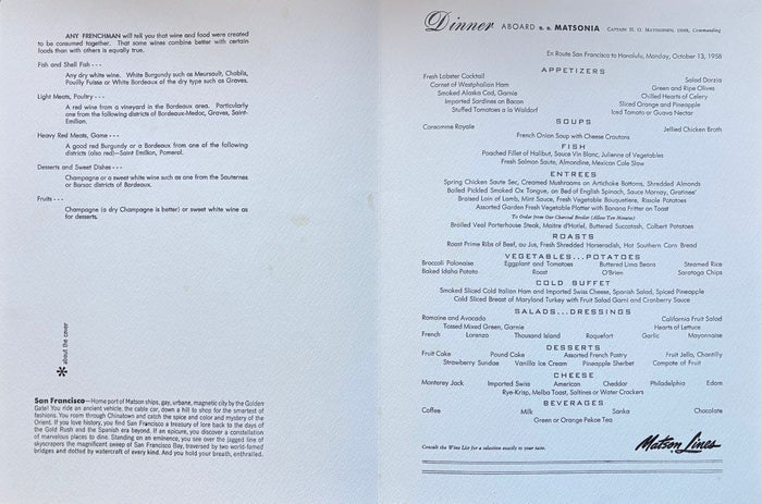 (*NEW ARRIVAL*) (San Francisco) Matson Lines. Dinner Aboard S.S. Matsonia