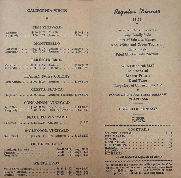 (*NEW ARRIVAL*) (San Francisco) The Manger Restaurant