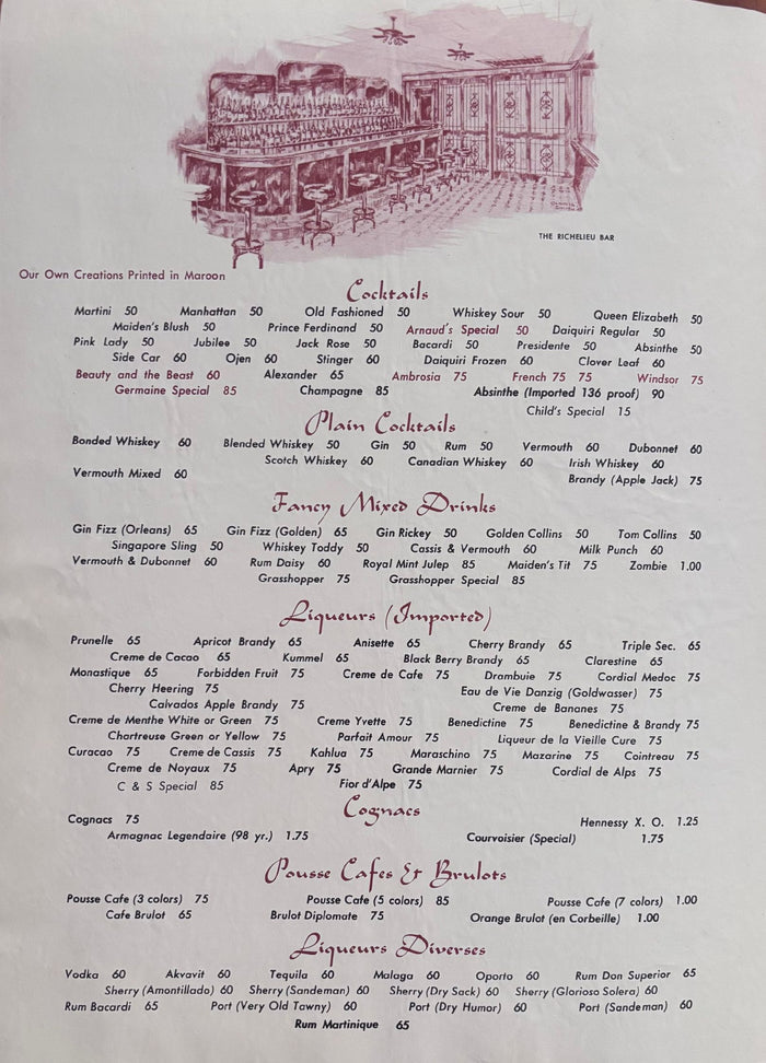 (New Orleans) Arnaud's. A la Carte Menu