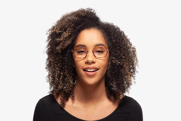 Owen Tortoise eyeglasses by Chemistrie worn by female model, front view