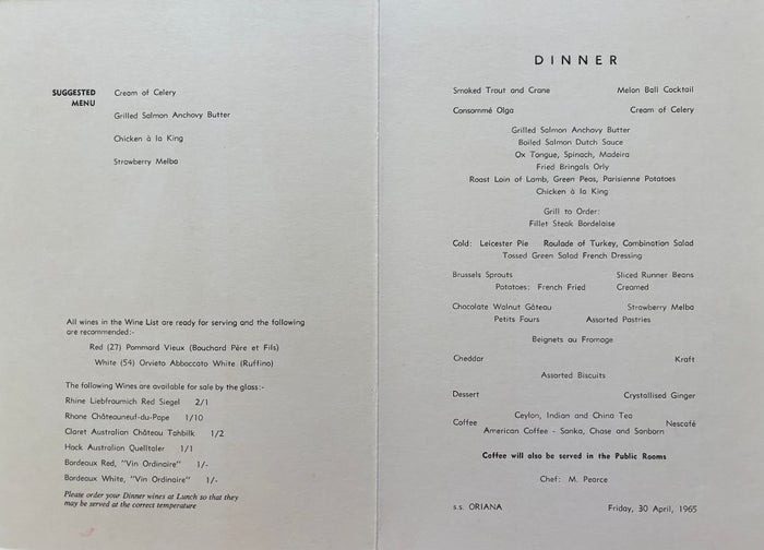 P. & O. Lines. Dinner - Sailing Craft