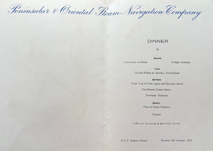 P & O Lines. Le Tricorne - H.M.T. Empire Fowey Dinner Menu