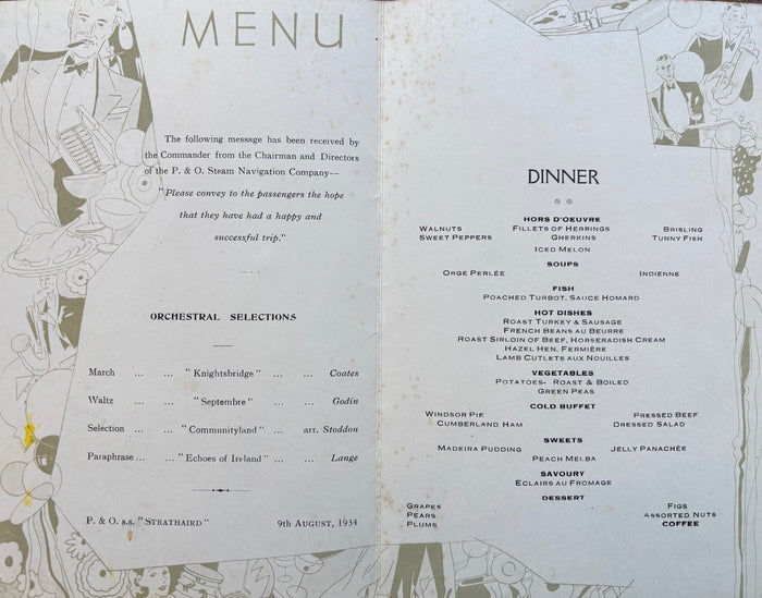 P & O Lines. S.S. Strathaird. Menu