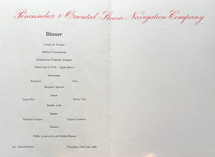 P & O Lines. S.S. Stratheden Dinner Menu