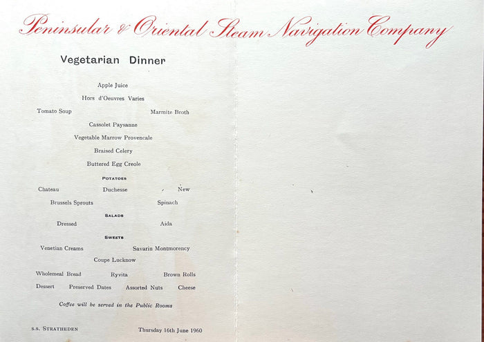 P & O Lines. S.S. Stratheden Vegetarian Dinner Menu