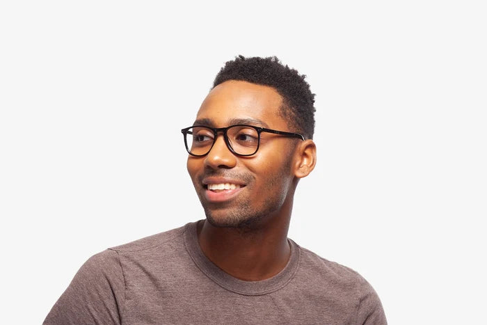 Black Pesaro eyeglasses by Chemistrie worn by male model, front view