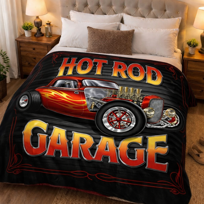 Plush Queen Hot Rod Blanket - Extremely Soft - Machine Washable - Hot Rod Garage