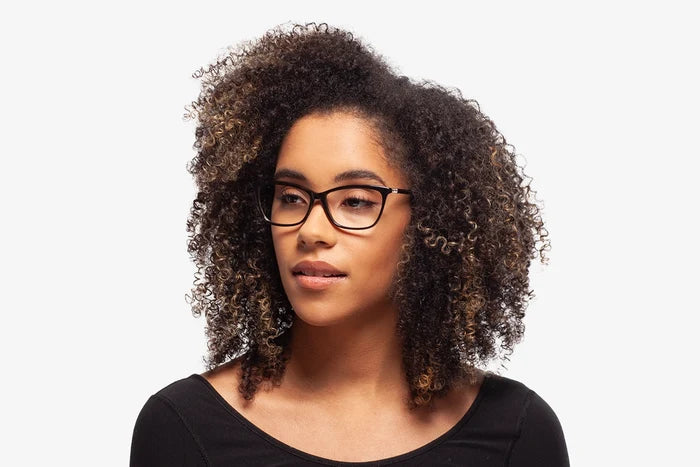Black Rachel eyeglasses by Chemistrie worn by female model, side view