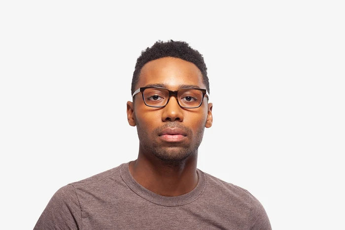 Crystal Dark Blue Sam eyeglasses by Chemistrie worn by male model, front view