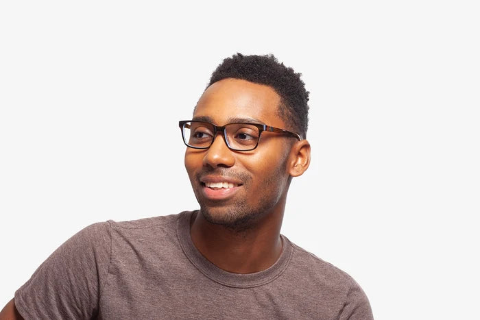 Crystal Dark Blue Sam eyeglasses by Chemistrie worn by male model, side view
