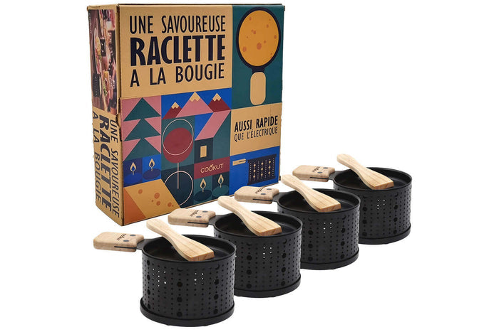 Service à raclette à la bougie Cookut Lumi noir - Services individuels poêlons et spatules - 4 personnes