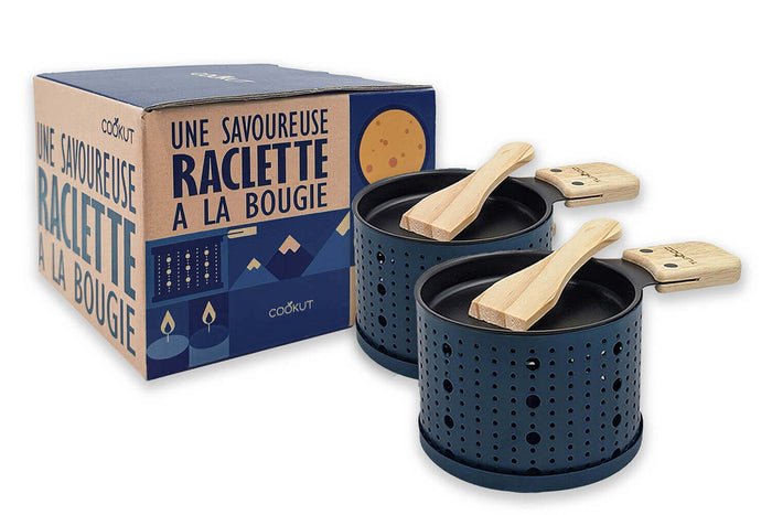 Service à raclette à la bougie Cookut Lumi services poelons et spatules pour 2 personnes - Bleu