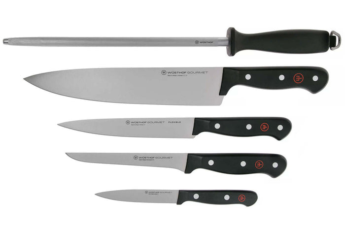 Serviette de chef Wüsthof Gourmet 5 pièces : 4 couteaux + 1 fusil à aiguiser