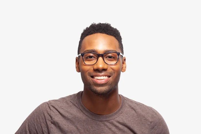 Blue Grey Siena eyeglasses by Chemistrie worn by male model, front view
