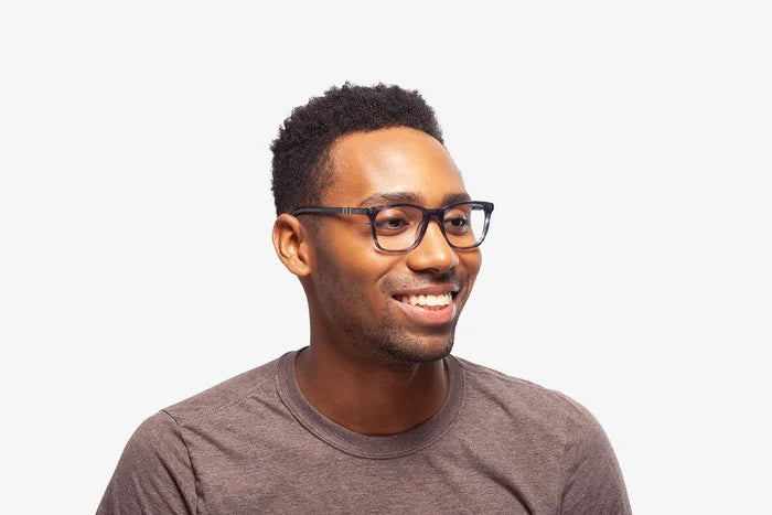 Blue Grey Siena eyeglasses by Chemistrie worn by male model, side view