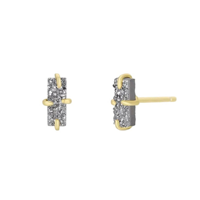 Silver Druzy Bar Prong Stud Earrings-JaxKelly