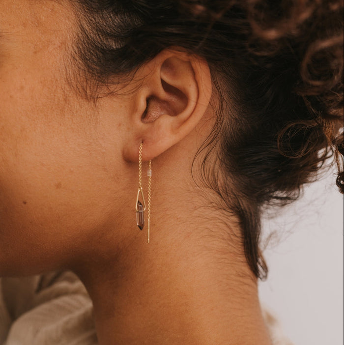 Smoky Quartz Chain Threader Earrings-JaxKelly