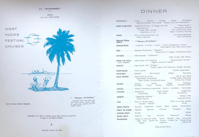 S.S. Michelangelo. West Indies Festival Cruises Dinner Menu