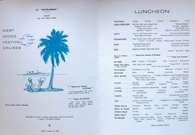 S.S. Michelangelo. West Indies Festival Cruises Luncheon Menu