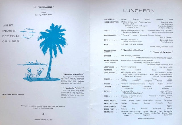 S.S. Michelangelo. West Indies Festival Cruises Luncheon Menu