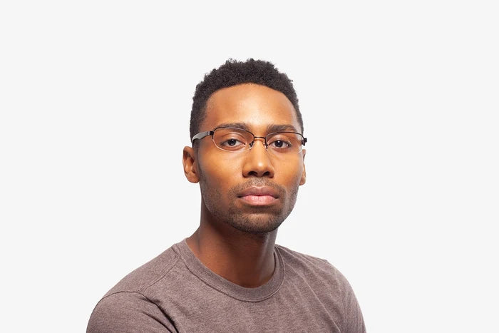 Black Stevie eyeglasses by Chemistrie worn by male model, front view