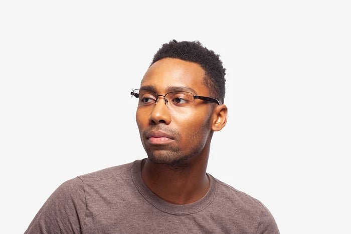 Black Stevie eyeglasses by Chemistrie worn by male model, side view