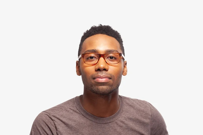 Whiskey Stripe Turin eyeglasses by Chemistrie worn by male model, front view